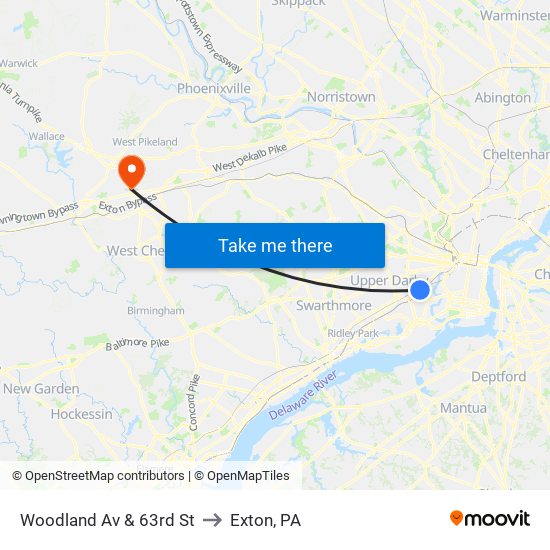 Woodland Av & 63rd St to Exton, PA map
