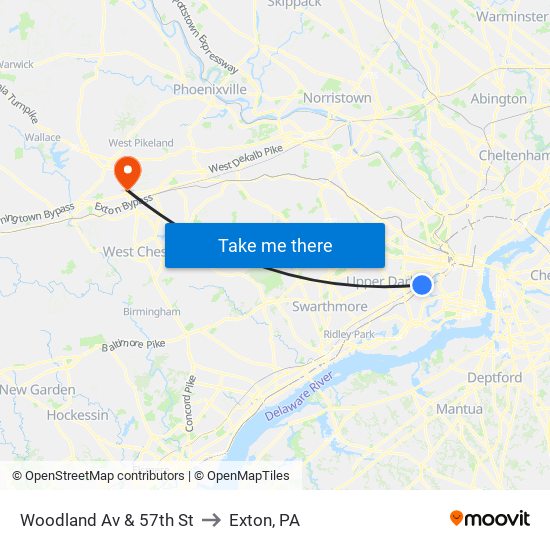 Woodland Av & 57th St to Exton, PA map