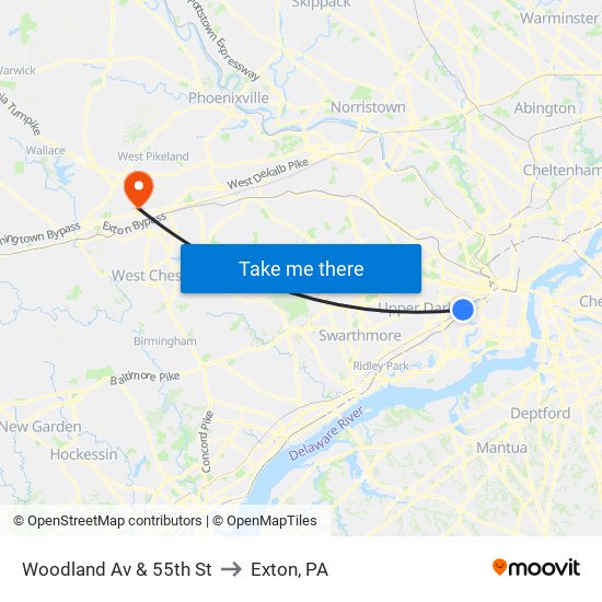 Woodland Av & 55th St to Exton, PA map