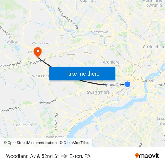 Woodland Av & 52nd St to Exton, PA map