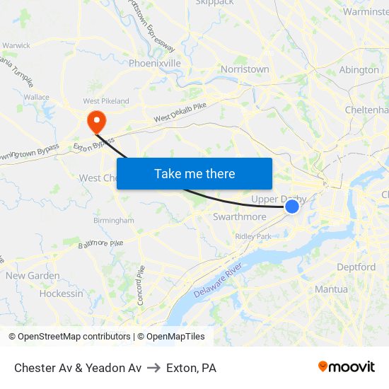 Chester Av & Yeadon Av to Exton, PA map
