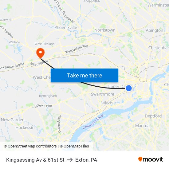 Kingsessing Av & 61st St to Exton, PA map
