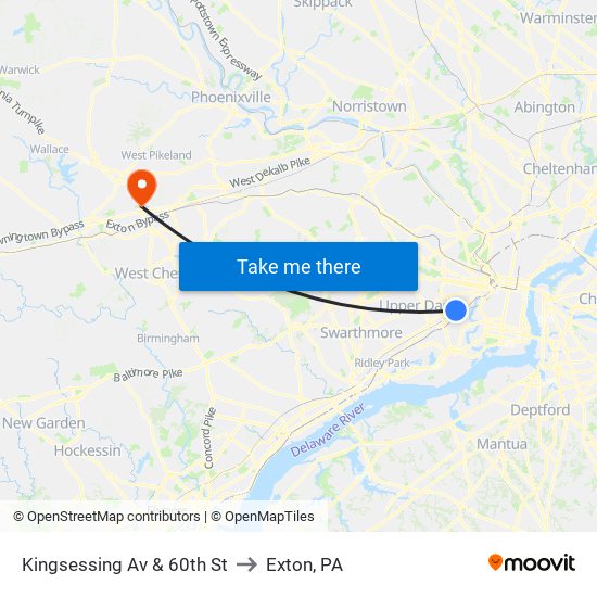 Kingsessing Av & 60th St to Exton, PA map