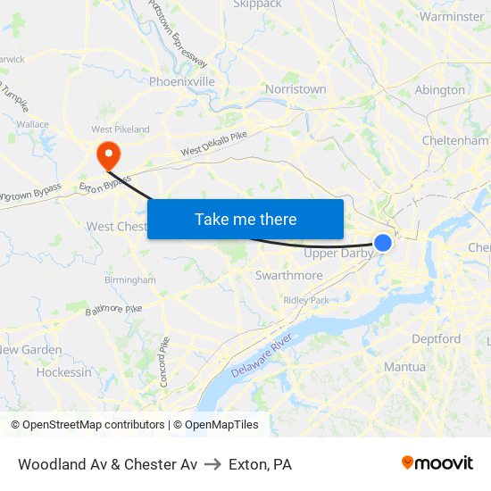 Woodland Av & Chester Av to Exton, PA map