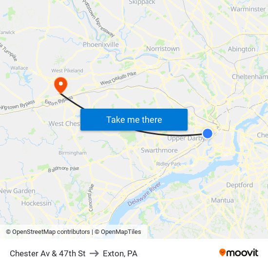 Chester Av & 47th St to Exton, PA map
