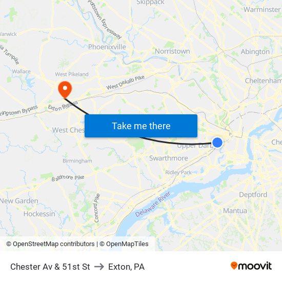 Chester Av & 51st St to Exton, PA map