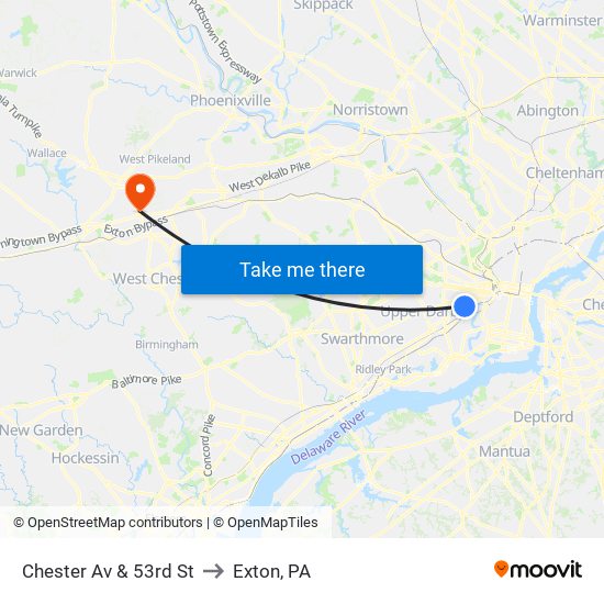 Chester Av & 53rd St to Exton, PA map