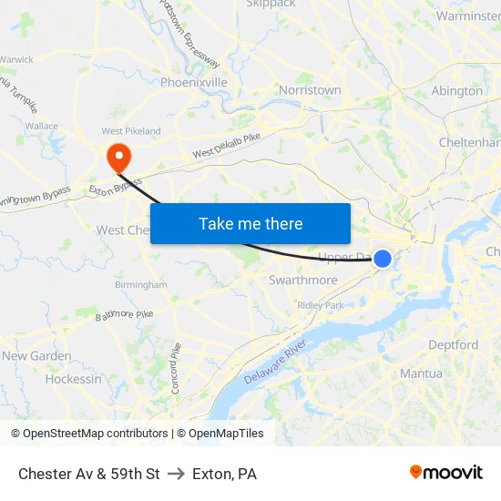 Chester Av & 59th St to Exton, PA map