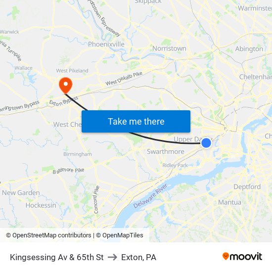 Kingsessing Av & 65th St to Exton, PA map