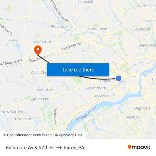 Baltimore Av & 57th St to Exton, PA map