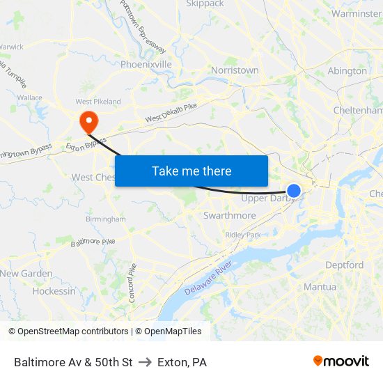 Baltimore Av & 50th St to Exton, PA map