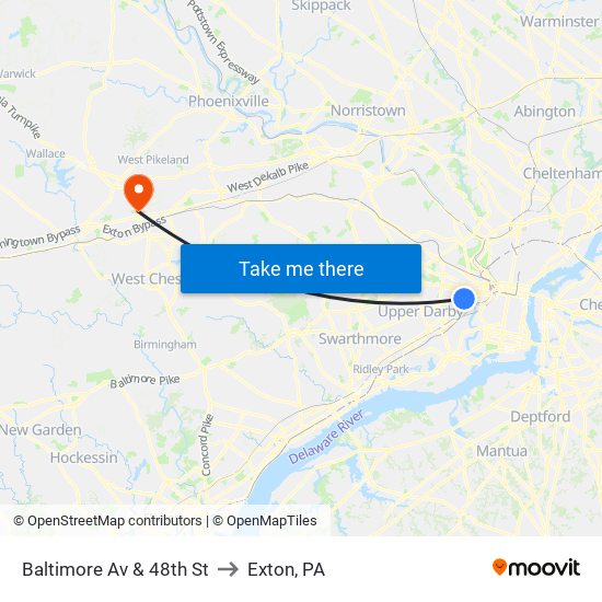 Baltimore Av & 48th St to Exton, PA map