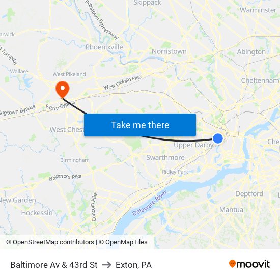 Baltimore Av & 43rd St to Exton, PA map