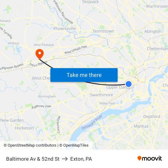 Baltimore Av & 52nd St to Exton, PA map