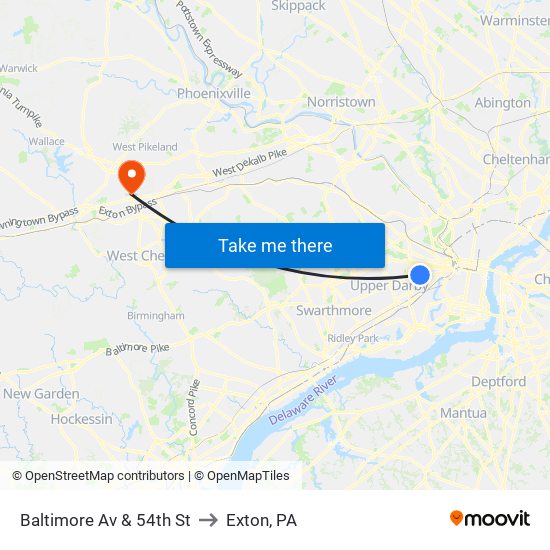 Baltimore Av & 54th St to Exton, PA map
