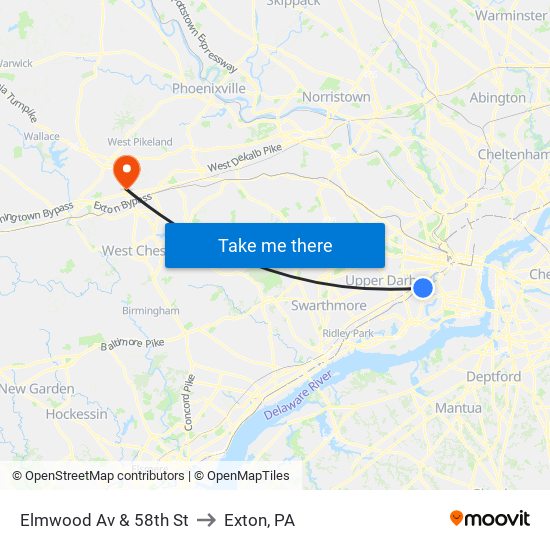 Elmwood Av & 58th St to Exton, PA map