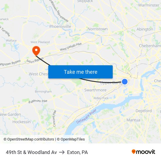 49th St & Woodland Av to Exton, PA map