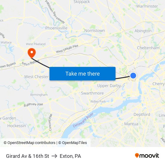 Girard Av & 16th St to Exton, PA map