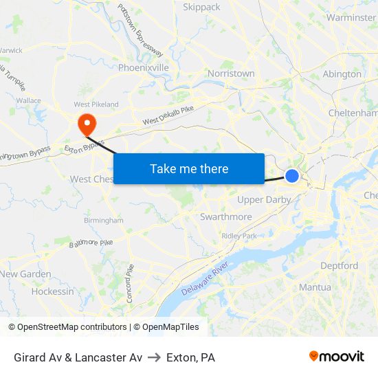 Girard Av & Lancaster Av to Exton, PA map
