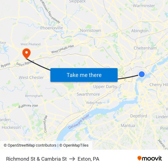 Richmond St & Cambria St to Exton, PA map