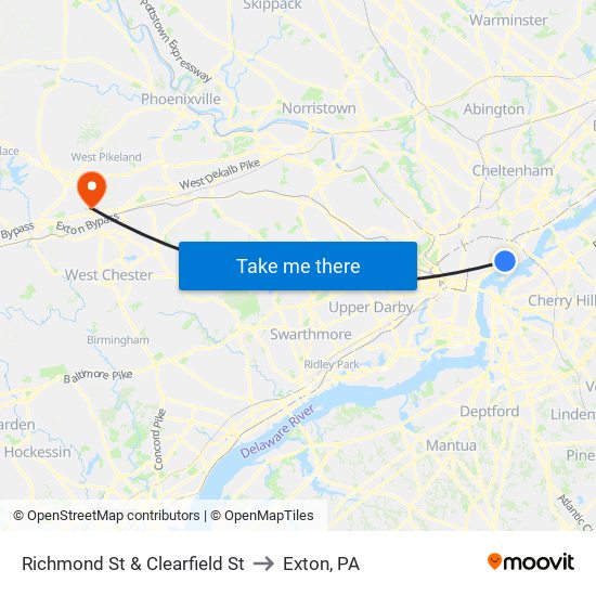 Richmond St & Clearfield St to Exton, PA map