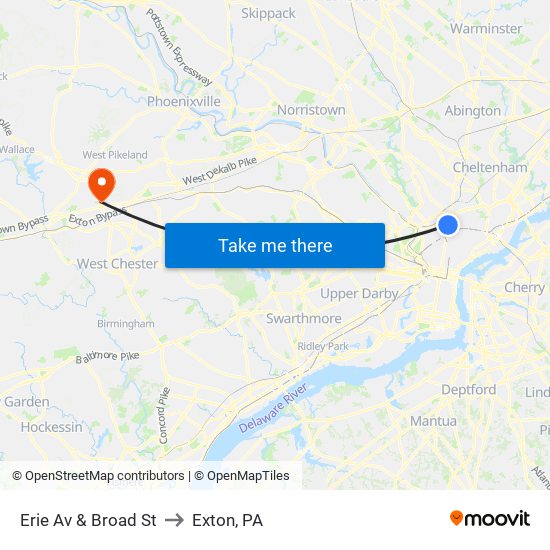 Erie Av & Broad St to Exton, PA map