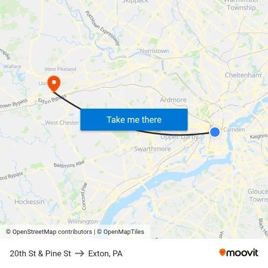 20th St & Pine St to Exton, PA map
