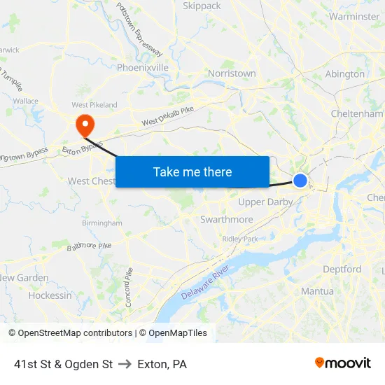 41st St & Ogden St to Exton, PA map