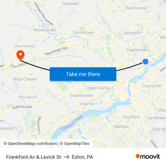 Frankford Av & Levick St to Exton, PA map