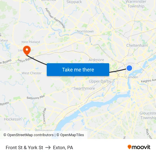 Front St & York St to Exton, PA map