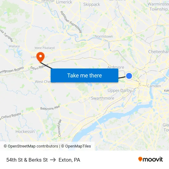 54th St & Berks St to Exton, PA map