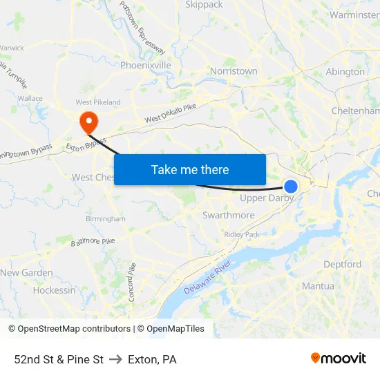 52nd St & Pine St to Exton, PA map