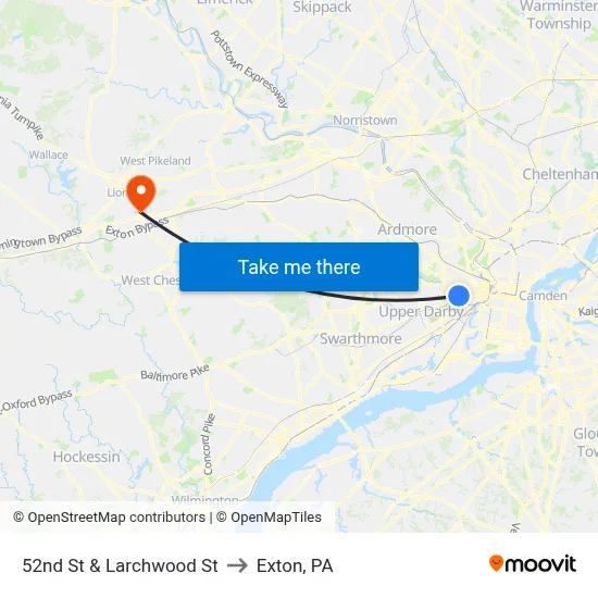 52nd St & Larchwood St to Exton, PA map