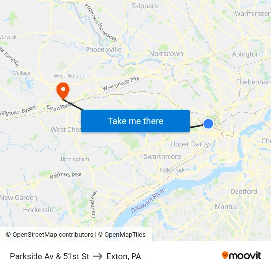 Parkside Av & 51st St to Exton, PA map