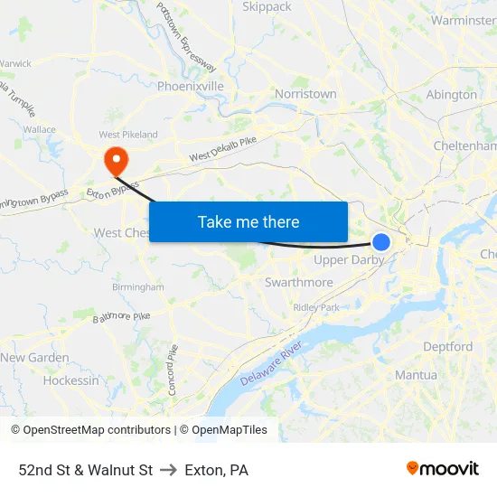 52nd St & Walnut St to Exton, PA map