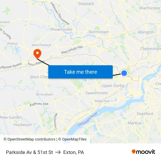 Parkside Av & 51st St to Exton, PA map
