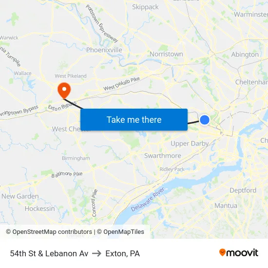 54th St & Lebanon Av to Exton, PA map
