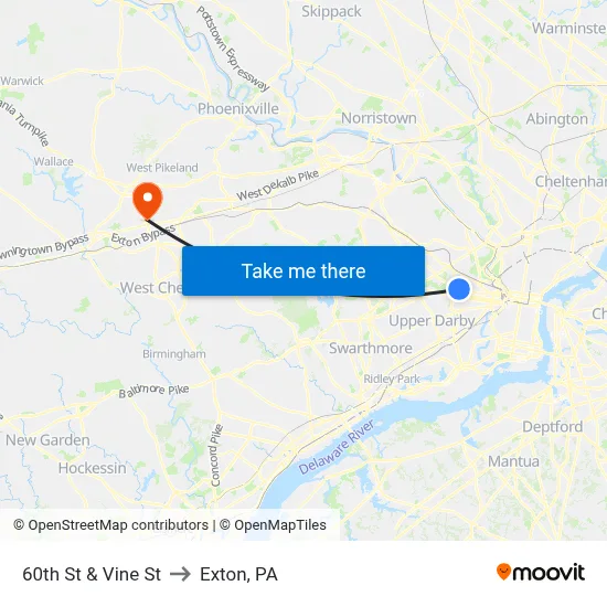 60th St & Vine St to Exton, PA map
