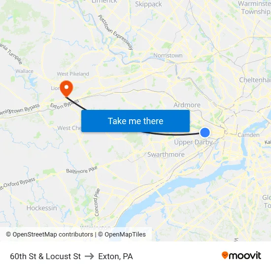 60th St & Locust St to Exton, PA map