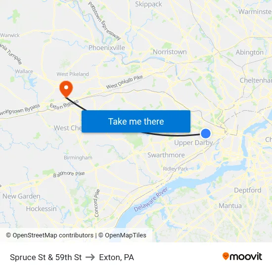 Spruce St & 59th St to Exton, PA map