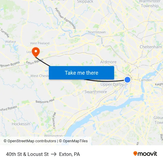 40th St & Locust St to Exton, PA map