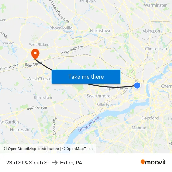 23rd St & South St to Exton, PA map