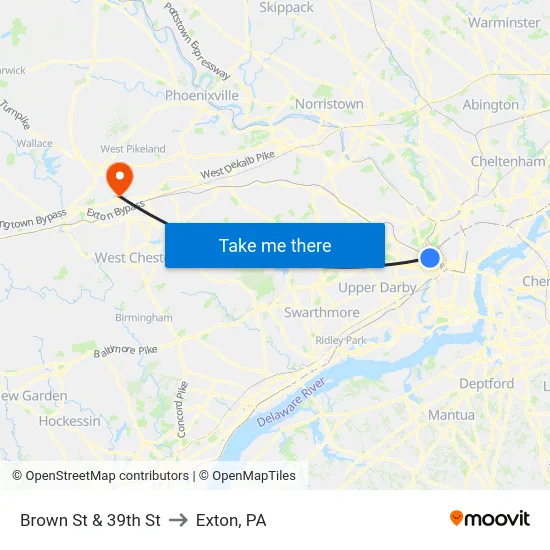 Brown St & 39th St to Exton, PA map