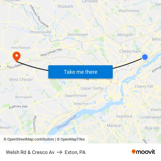 Welsh Rd & Cresco Av to Exton, PA map