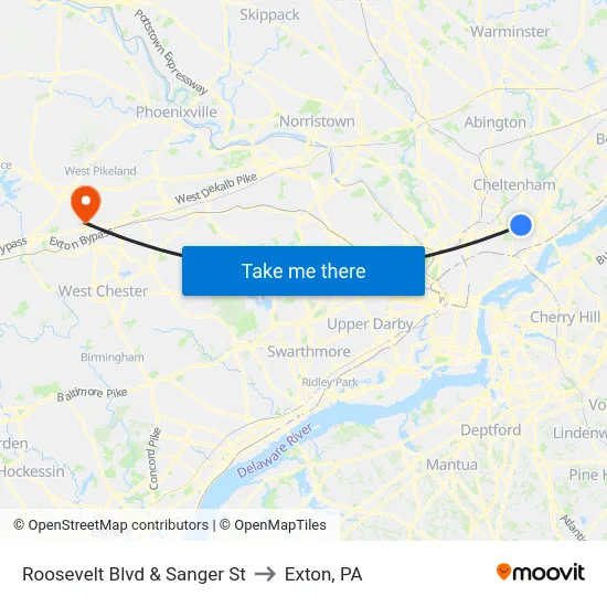 Roosevelt Blvd & Sanger St to Exton, PA map