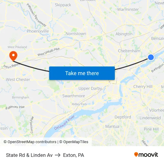 State Rd & Linden Av to Exton, PA map