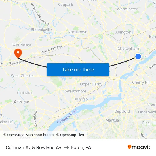 Cottman Av & Rowland Av to Exton, PA map