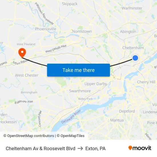 Cheltenham Av & Roosevelt Blvd to Exton, PA map