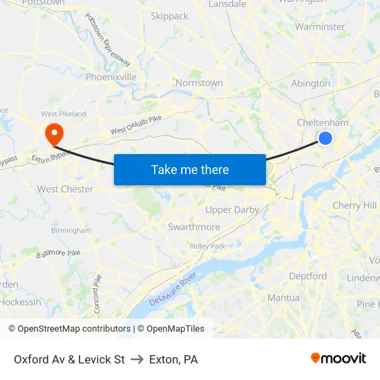 Oxford Av & Levick St to Exton, PA map