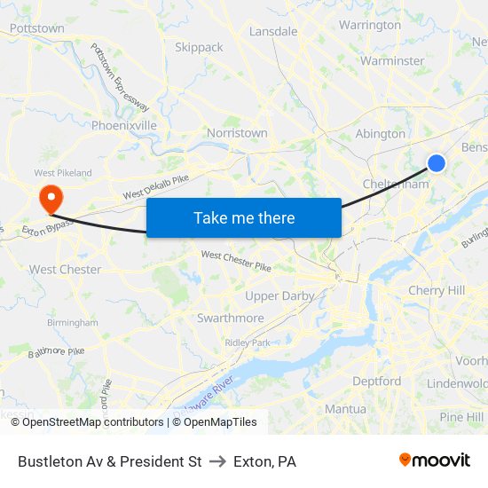 Bustleton Av & President St to Exton, PA map